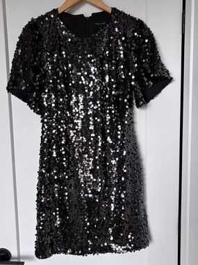 Donna Morgan Black Sequin Short Sleeve Dress Cocktail Party Glam Sparkly